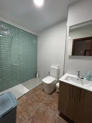 a bathroom with a toilet and a sink and a shower at Barrameda 15 con parking in Sanlúcar de Barrameda