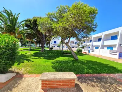 a park in front of a building with trees at La almadraba in Chiclana de la Frontera