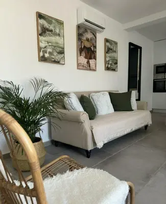 a living room with a couch and a plant at Apartamentos Muñoz Fornell 1 in Chiclana de la Frontera