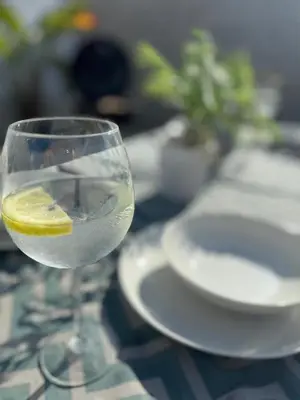 a glass of wine with a lemon in it on a table at Apartamentos Muñoz Fornell 1 in Chiclana de la Frontera