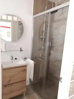 a bathroom with a shower and a sink and a mirror at Acogedor Apartamento Entero in Arcos de la Frontera