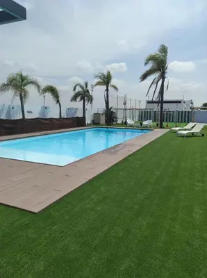 a swimming pool with palm trees and a lawn at Finca Rural Marmito in Sanlúcar de Barrameda