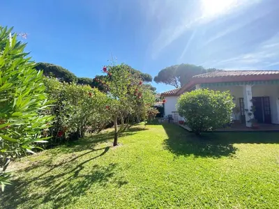a yard of a house with trees and grass at Chalet Roche a 300 metros de la playa in Roche