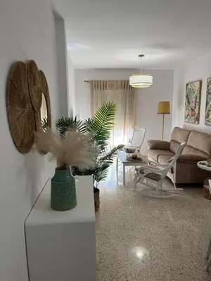 a living room with a couch and a table with a plant at Casa Gran Cinema in Sanlúcar de Barrameda