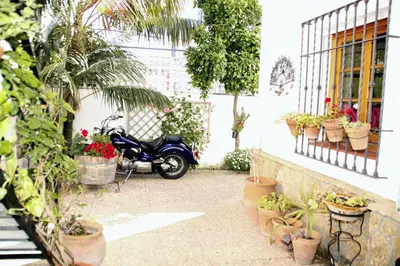 a motorcycle parked next to a building with potted plants at Apartamento Caracola in Chipiona