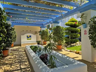 a courtyard with plants and a blue ceiling at Apartamento Playa Ballena - Ole Solutions in Costa Ballena