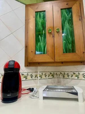 a kitchen counter with a red toaster and a toaster at Casa Familiar- Residencial Solmar in Sanlúcar de Barrameda