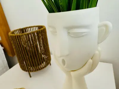 a white head and a vase with a plant in it at Casa Familiar- Residencial Solmar in Sanlúcar de Barrameda