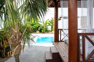 a house with a palm tree and a swimming pool at Villa Tailan con piscina y jacuzzi privado in Chiclana de la Frontera