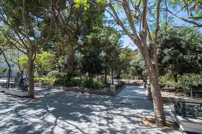 a park with benches and trees on a sidewalk at Montera Suite Cádiz in Cádiz