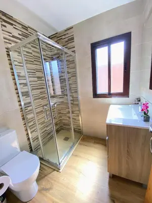a bathroom with a shower and a toilet and a sink at Chalet con encanto en Conil SOLO FAMILIAS Y PAREJAS in Conil de la Frontera