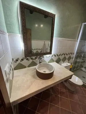 a bathroom with a sink and a toilet and a mirror at Villa Los abuelos in Hozanejos