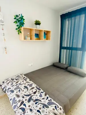 a bedroom with a bed and a window with a plant at Ático Sonnenschein in Jerez de la Frontera