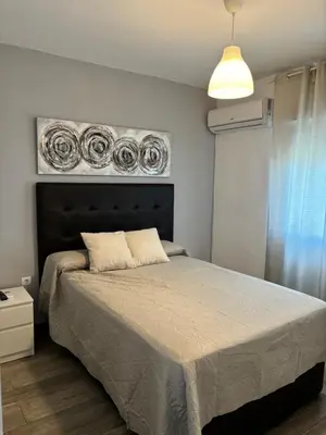 a bedroom with a bed and a painting on the wall at Apartamento Valdés in El Puerto de Santa María