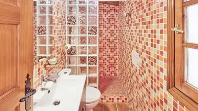 a bathroom with a toilet and a shower with red tiles at Villa Alegría Conil de la Frontera by Ruralidays in Conil de la Frontera