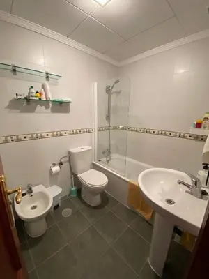 a bathroom with a toilet and a sink and a shower at Apartamento Mirador del Coto in Sanlúcar de Barrameda