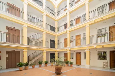 an empty building with stairs and potted plants at Apartamento Rosole in Sanlúcar de Barrameda
