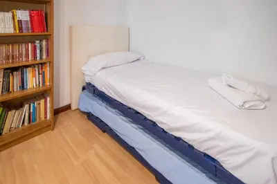 a bed in a room with a book shelf at Apartamento Santa M Serenity Cadiz in Cádiz