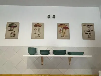 a shelf with plates and mushrooms on a wall at Quilla Puerto Sherry in El Puerto de Santa María