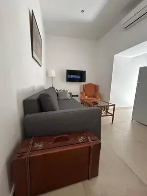 a living room with a couch and a suitcase at Casa del Reloj - Puerto De Sta María in El Puerto de Santa María