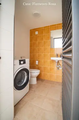 a bathroom with a washing machine and a toilet at Casa Rural Mirador del Guadalquivir-Refugio con Piscina y Chimenea in Trebujena