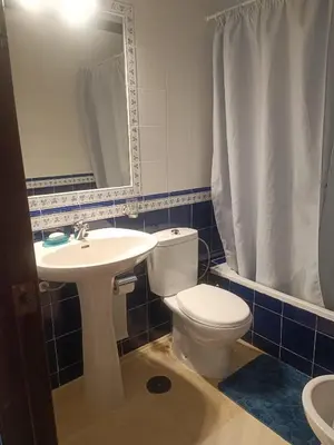a bathroom with a toilet and a sink and a mirror at Casa Mar Baltico a 200 m de la Playa La Barrosa in Chiclana de la Frontera