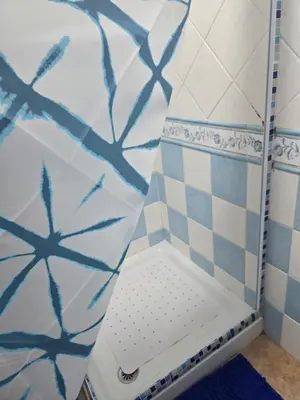 a shower in a bathroom with blue and white tiles at Sancti Petri in Chiclana de la Frontera