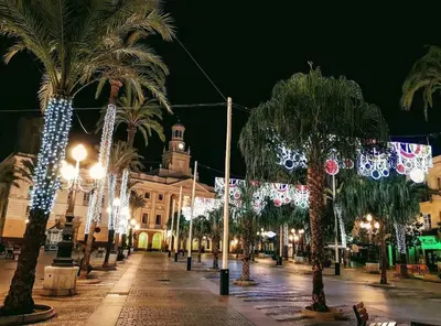 a city street with christmas lights and palm trees at Casa Calle Merced in Cádiz