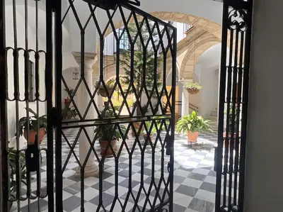a view through a gate into a room with potted plants at GINVA - Dúplex en Plaza de España in El Puerto de Santa María