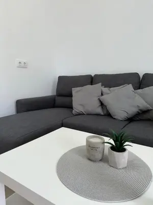 a living room with a couch and a plant on a table at Apartamento El Oasis in Chiclana de la Frontera