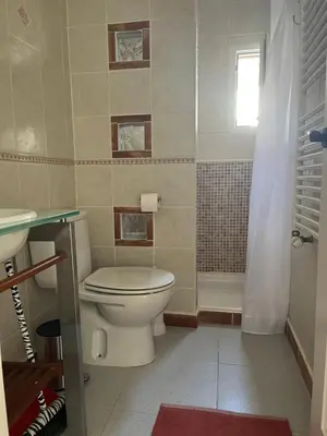 a bathroom with a toilet and a shower at Abajo Stijlvol appartement met zwembad en tuin in Cádiz