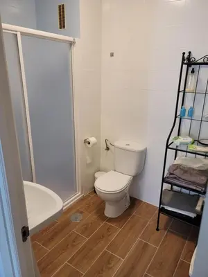 a bathroom with a toilet and a sink and a shower at Casa Teresa in Sanlúcar de Barrameda