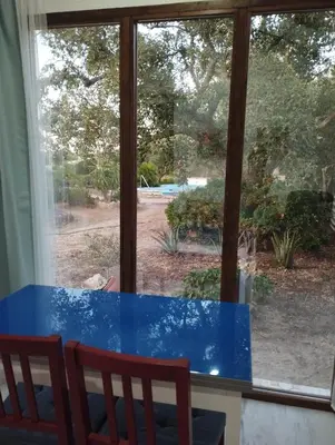 a window with a blue table and a view of a yard at Casa Yuxiao rincón de tranquilidad in Cádiz