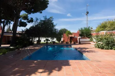 a small swimming pool in a yard with trees at Chalet Enol Sol in Chiclana de la Frontera