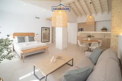 a living room with a couch and a bed and a table at Sanlucar Centro - Apartamento 4 in Sanlúcar de Barrameda