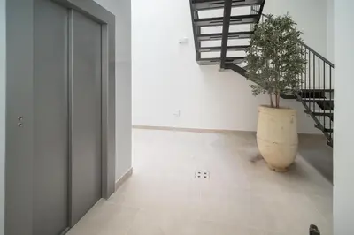 a hallway with a plant in a large vase at Sanlucar Centro - Apartamento 5 in Sanlúcar de Barrameda