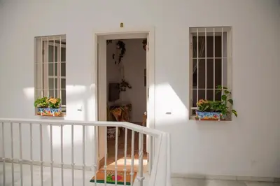 a white staircase with two windows and a dog at Apartamento en pleno centro historico in Cádiz