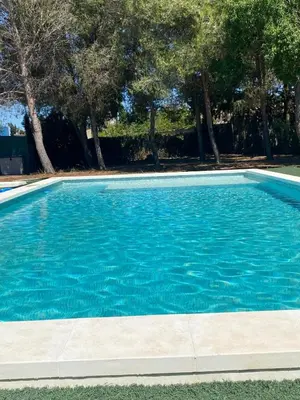 a blue swimming pool with trees in the background at villa eloisa in Chiclana de la Frontera