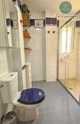 a bathroom with a toilet with a blue toilet seat at La Especiería relax by Sanlúcar Housing in Sanlúcar de Barrameda