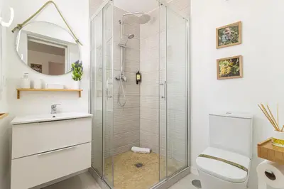 a bathroom with a shower and a toilet and a sink at AdEva Céntrico 3 Habitaciones in Jerez de la Frontera