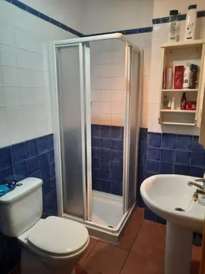 a bathroom with a shower and a toilet and a sink at apartamento Atlanta in Chipiona