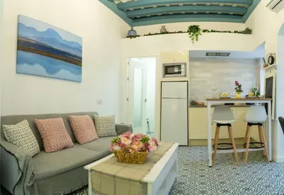 a living room with a couch and a table at T&S La Bóveda in Arcos de la Frontera