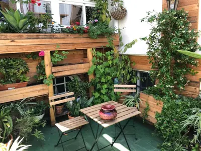 a patio with a table and chairs and plants at Hotel Alquimia Cadiz in Cádiz
