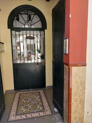 a black door with a rug in front of it at Casatuya in Jerez de la Frontera