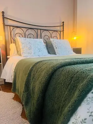 a bed with a green blanket and pillows on it at Una casa en el lago in Arcos de la Frontera
