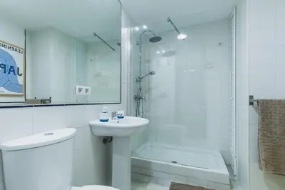 a bathroom with a shower and a toilet and a sink at Precioso apartamento con terraza independiente en pleno centro in El Puerto de Santa María