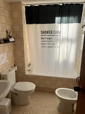 a bathroom with a shower curtain and a toilet at Apartamento Ana in El Puerto de Santa María