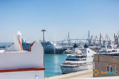 a group of boats docked in a harbor at Torre Argantonio by LiveWork in Cádiz