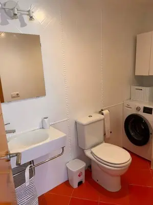 a bathroom with a toilet and a sink and a washing machine at La Candela by Gades Gestión in Cádiz