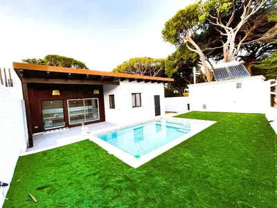 a backyard with a swimming pool and green grass at villa woody playa in Chiclana de la Frontera